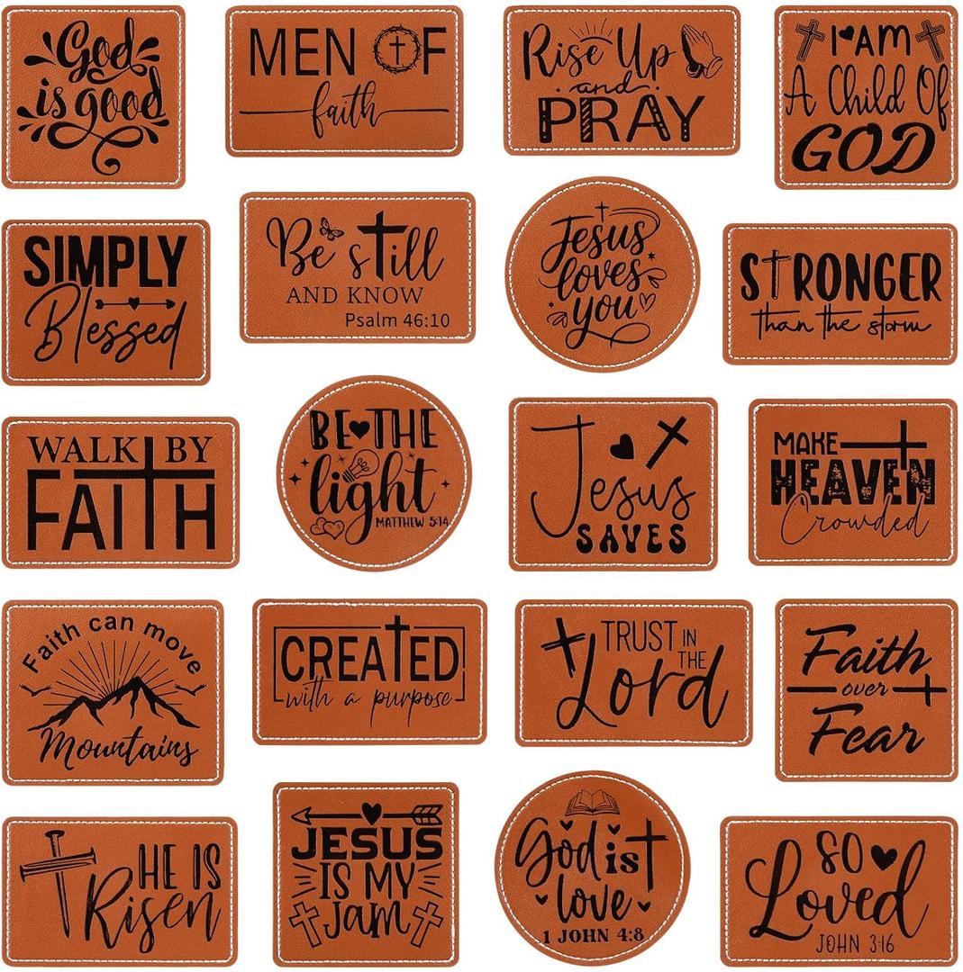 Wavwavw 20 Pcs Bible Verse Iron on Patches Rustic Leatherette Religious Hat Patches Motivational Christian Appliques for Fabric Repair Jackets Hats Backpacks Sew Supplies