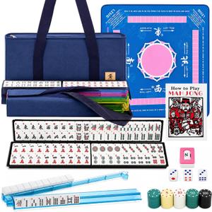 American Mahjong Game Set with Mat and Racks, 166 White Tiles Mahjong Set, 80x80cm Mat, 4 All-in-One Rack/Pushers, Numbered Chips, Carrying Bag & Accessories for Travel and Family Game Night