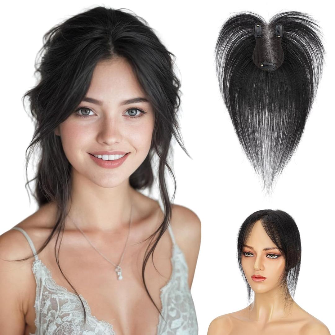 Hairro Human Hair Toppers For Women No Bang Middle Part Side Bangs Hair Clip Wispy Thin Short Wiglet Hairpieces 11 Inches 14g #1B Natural Black