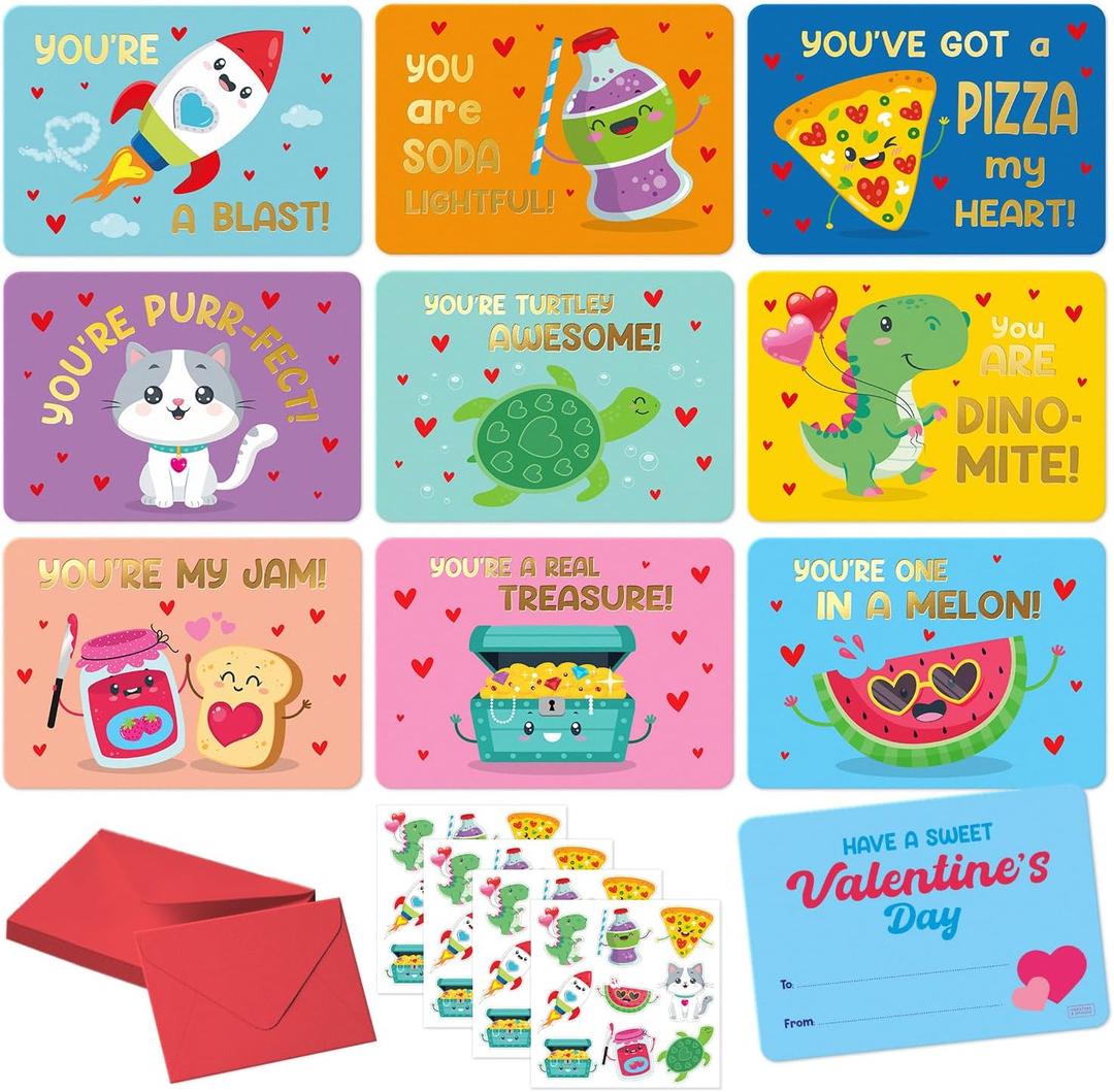 Sweetzer & Orange 36 Funny Valentines Cards for Kids Classroom - School Valentines with Envelopes for Kids - Cartoon Card Stickers - Double Sided Cards for Boys & Girls - 3.5" x5 (You're My Jam)