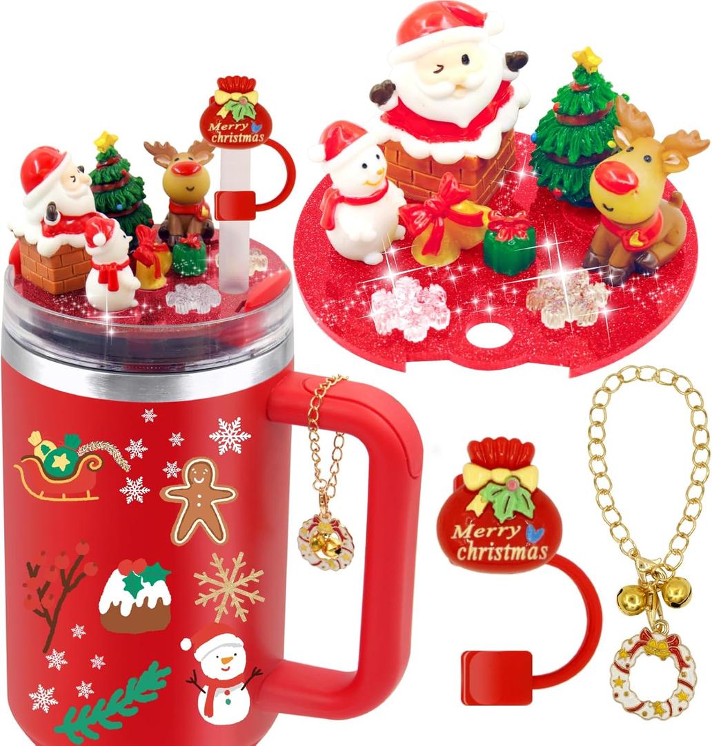 LBU Christmas Stanley Cup Lid Accessories for 40 oz Tumbler Including Silicone Straw Cover Cap Topper + Xmas Bling Stanley Lid Topper + Handle Charms Stanley Charms for H2.0 Tumbler
