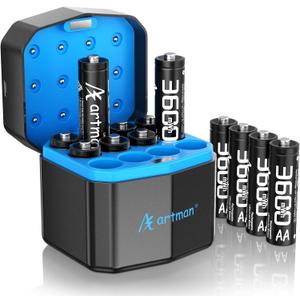 Artman Rechargeable Lithium AA Batteries 12 Pack with Storage Fast Charger, 3600mWh AA Lithium Batteries for Blink Outdoor Camera, 1.5V Constant Double A Battery Recharge up to 2000+ Cycles (Black)