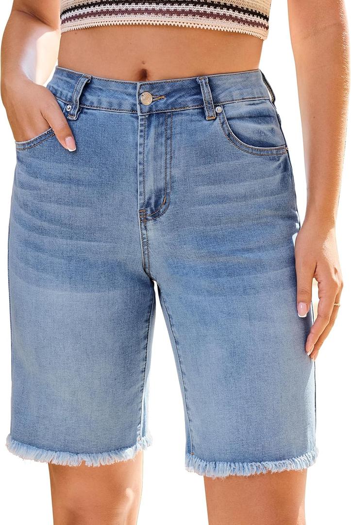 luvamia Jean Bermuda Shorts for Women Trendy Mid Rise Raw Hem Knee Length Stretchy Denim Long Shorts Summer Casual Jorts (Large, Bay Blue)