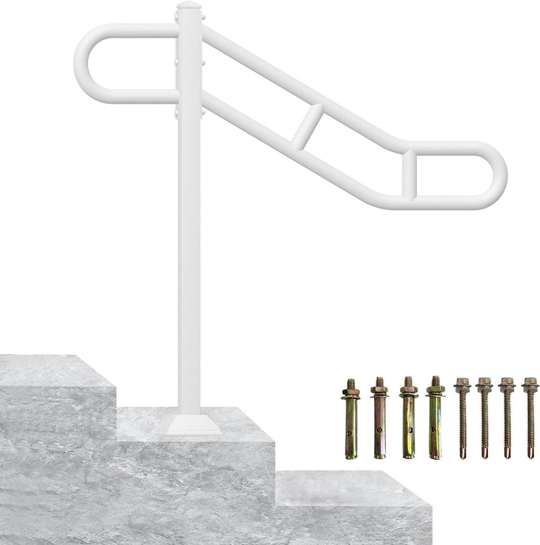 Upgraded Single Post Handrail, 32" - 8.5"L x 35.8"H Hand Rails for Outdoor Steps, White Metal U-Shaped Stair Railing, Floor Mounted Hand Rails for Outdoor 1-3 Steps with 2 Anti-Skid Crossbar for Porch