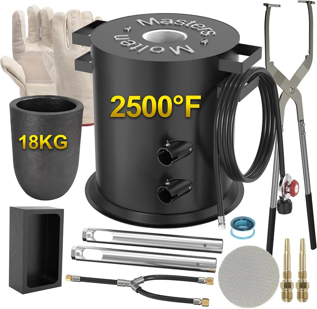 Masters 18KG Propane Metal Melting Furnace Kit with Gloves, 2500 High-Efficiency Smelter Foundry for Gold, Silver, Copper, and Aluminum, Ideal for Jewelry Making & Metal Casting