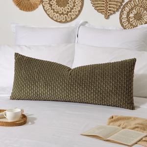 Kevin Textile 14x36 Inch Long Lumbar 1 Pack Boho Decorative Throw Pillow Cover Soft Striped Corduroy Rectangle Cushion Case Farmhouse Solid Color Accent for Living Room Couch Sofa Bed, Olive Green