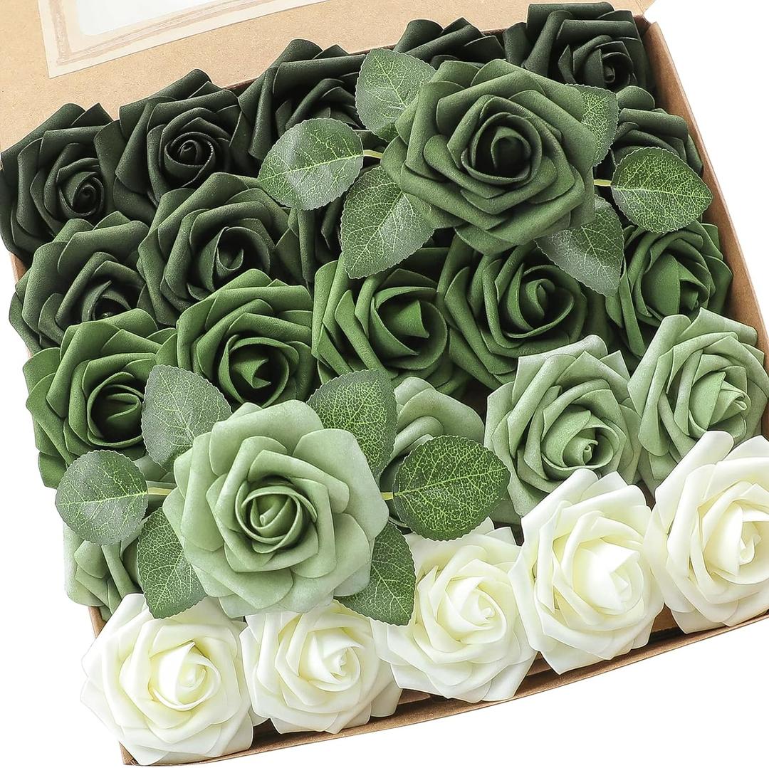 Floroom Artificial Flowers 25pcs Real Looking Forest Green Ombre Colors Foam Fake Roses with Stems for DIY Wedding Bouquets Bridal Shower Centerpieces Sage Green Floral Arrangements Decorations (25pcs Regular 3", Shades of Forest)