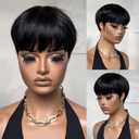 Short Wigs Pixie Cut Wig for black women Human Hair Natural Black Straight Human Hair Wig with Bangs Short layered Wave Glueless No lace front full machine made Bob Wig (1B#)