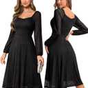 Bbonlinedress Formal Wedding Guest Dress Square Neck Lace Cocktail Dress Bridesmaid Long Sleeve A-Line Midi Tea Prom Gown (Black, L)