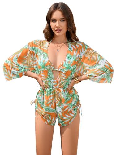 COZYEASE Women's 2025 Summer 3 Piece Swimsuits Tropical Print Bikini Set Halter Drawstring Bathing Suits with Cover Up Orange Small