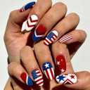 4th of July Press on Nails Medium Almond Patriotic Fake Nails Press ons with American Flag, Star & Red White Blue Stripes Designs, Independence Day Glue on Nails for Women 24 Pcs