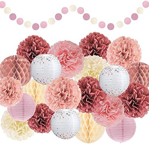 EpiqueOne 22-Piece Tissue Paper Pom Poms Party Set - Pink, Rose, Mauve & Cream | Includes 12 Pom Poms, 5 Paper Lanterns, 4 Honeycomb Balls & 1 6.5 ft. Garland | For Birthdays, Baby Showers & More