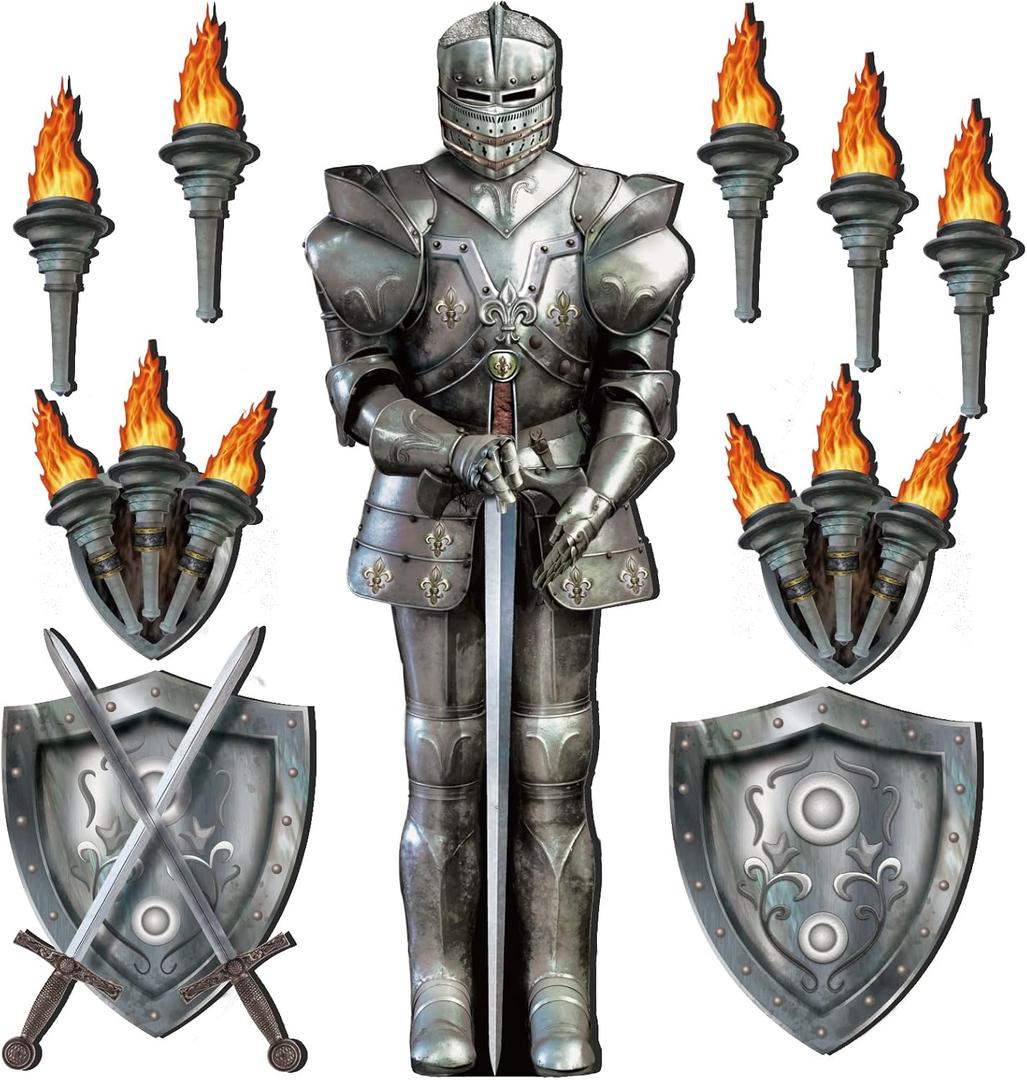 Honoson 10 Pcs Medieval Party Decorations 6 Feet Jointed Suit of Armor Knight Cut Out Castle Decorations Medieval Shield Photo Prop for Castle Renaissance Knight Party Wall Decor Supplies