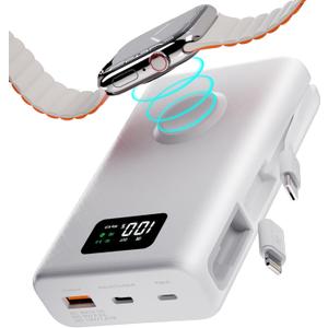 pzoz 20000mAh Portable Power Bank Powerbank Battery Pack with Apple Watch Magnetic Wireless Charger,USB Type C PD Fast Charging Cable Travel High Capacity Compatible iWatch iPhone 16 15 Phone (White)