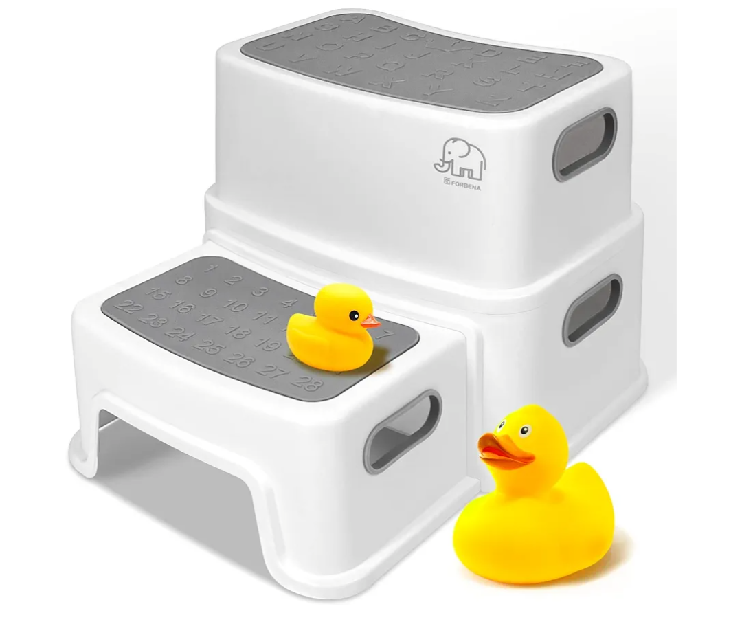 Forbena Toddler Step Stool for Bathroom Sink, 2 Step Stool for Kids Toilet Potty Training, NonSlip Toddlers Baby Child Kid Plastic Poop Stools with Handle for Kitchen Counter Bed (WhiteGrey)