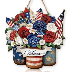 Wooden 4th Of July Patriotic Wreath With Flowers Sign Independence Day Front Door Decorations Memorial Day Welcome Hanging for‌ Home Indoor Outdoor Red White And Blue Wall Decor