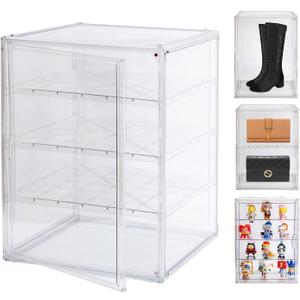 3X-Large 4 Tiers 17.7"X13"X13" Acrylic Display Case with 3 Division Boards, Clear Organizer Box Plastic Holder with Magnetic Door for Handbags, Purses, Boots, Figures, Book