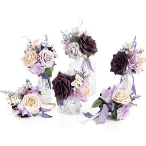 Ling's moment Light Purple Flowers Mini Bridesmaid Bouquets Set of 6 Pre-Made Lilac Small Floral Wedding Centerpieces (Lavender)