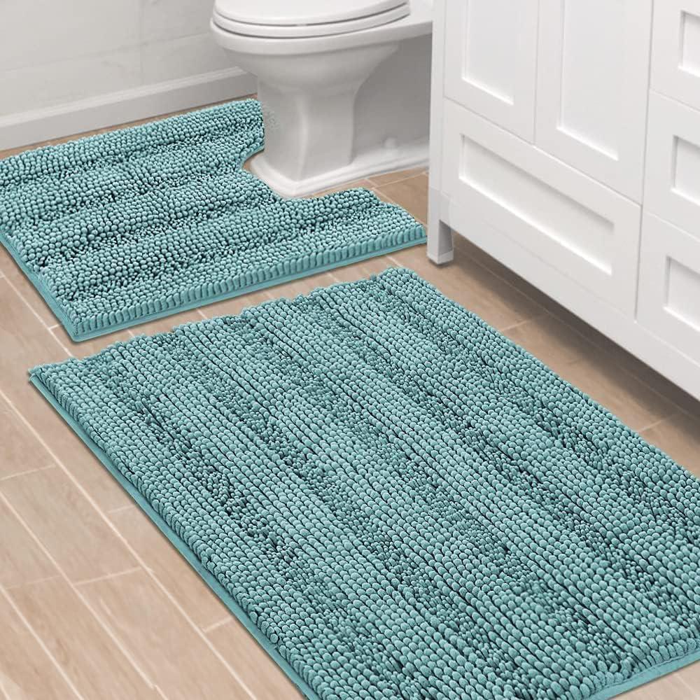 H.VERSAILTEX Bathroom Rugs Bath Rug Set 2 Piece Bathroom Contour Rug Toilet Mat Sets Non Slip Contour Bath Rug Ultra Thick Water Absorbent Striped Bath Mats(36" x 24" Plus 20" x 24" U, Aqua Haze)