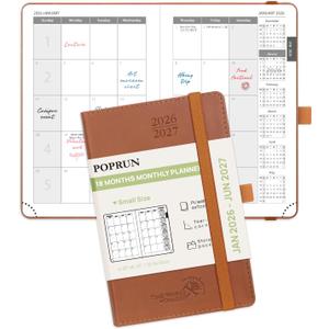 POPRUN Pocket Monthly Planner 2026-2027 (Pocket- 4''x 6.25'' Soft Leather Cover) - 18 Month Calendar Book for Purse (Jan.2026 - Jun. 2027), 100 GSM Thick Paper - Brown