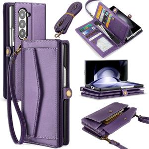 for Samsung Galaxy Z Fold 6 Wallet Case for Women S Pen Holder, RFID Blocking Card Holder, PU Leather Flip Phone Case with Crossbody Strap Wristlet Kickstand for Galaxy Z Fold 6, Purple