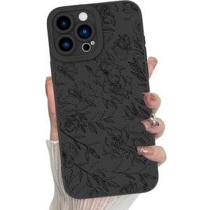 MZELQ for iPhone 15 Pro Case, Silicone Floral Flower Rose Cute Pattern, Camera Protection Soft Slim Phone Case for Phone Case -Black
