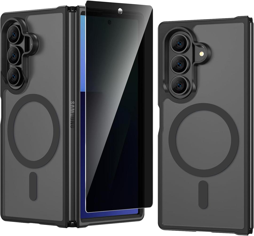 VEGO for Z Fold 7 Case Magnetic [Compatible with MagSafe][with Privacy Screen Protector] Translucent Matte Hard Cover Shockproof Drop Protection Protective Phone Case for Samsung Fold 7 2025- Black