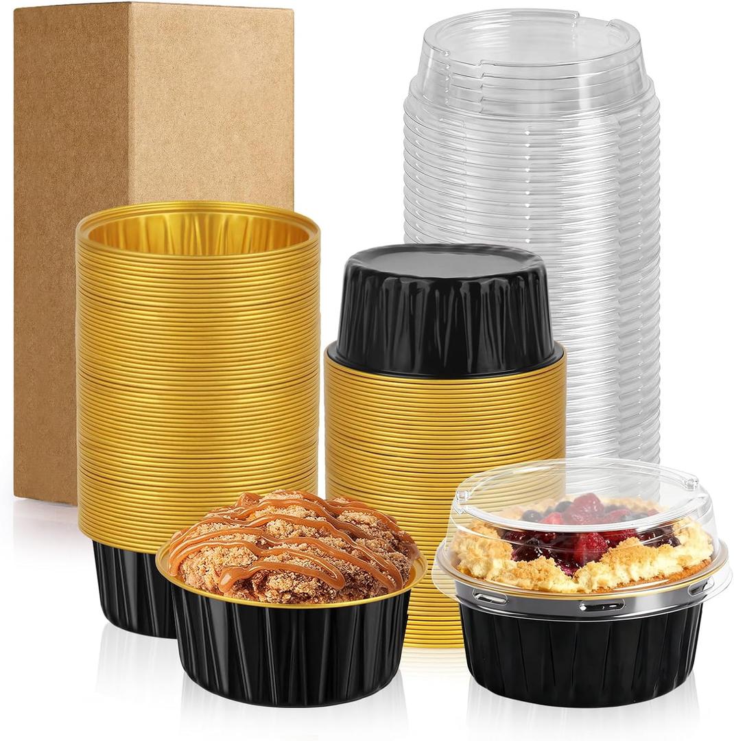 60 Pack 5 OZ Round Mini Cake Pans with Lids, Disposable Aluminum Foil Baking Pans with Lids, Mini Cake Containers for Birthday Party, Wedding, Baby Shower, Holiday Celebration