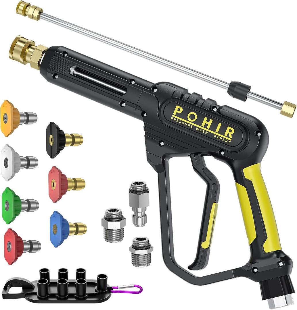 POHIR Pressure Washer Gun 3600 PSI with 3/8'' Swivel Quick Connect Extension Wand, M22 15mm and M22 14mm Fitting 30 Inch 7 Nozzle Tips, Yellow