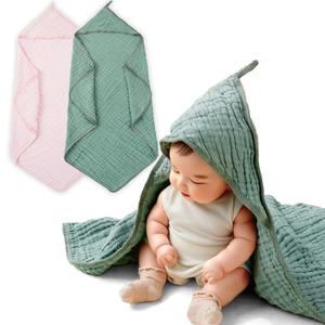 CoolaPeach Hooded Baby Towels for Newborn 2 Pack 100% Muslin Cotton