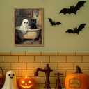 Vintage Halloween Bathroom Wall Art, Cute Ghost Black Cat Bathtub Canvas Wall Decor Painting, Spooky Halloween Artwork Prints Pictures for Bedroom Restroom Bathroom 12x16 Inch Wood Framed