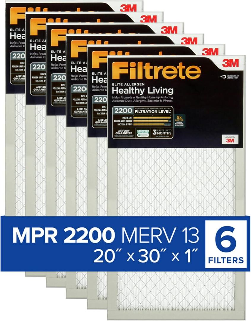 Filtrete 20x30x1 AC Furnace Air Filter, MERV 13, MPR 2200, Elite Allergen, Bacteria & Virus Filter, 3-Month Pleated 1-Inch Electrostatic Air Cleaning Filter, 6-Pack (Actual Size 19.81x29.81x0.78 in)
