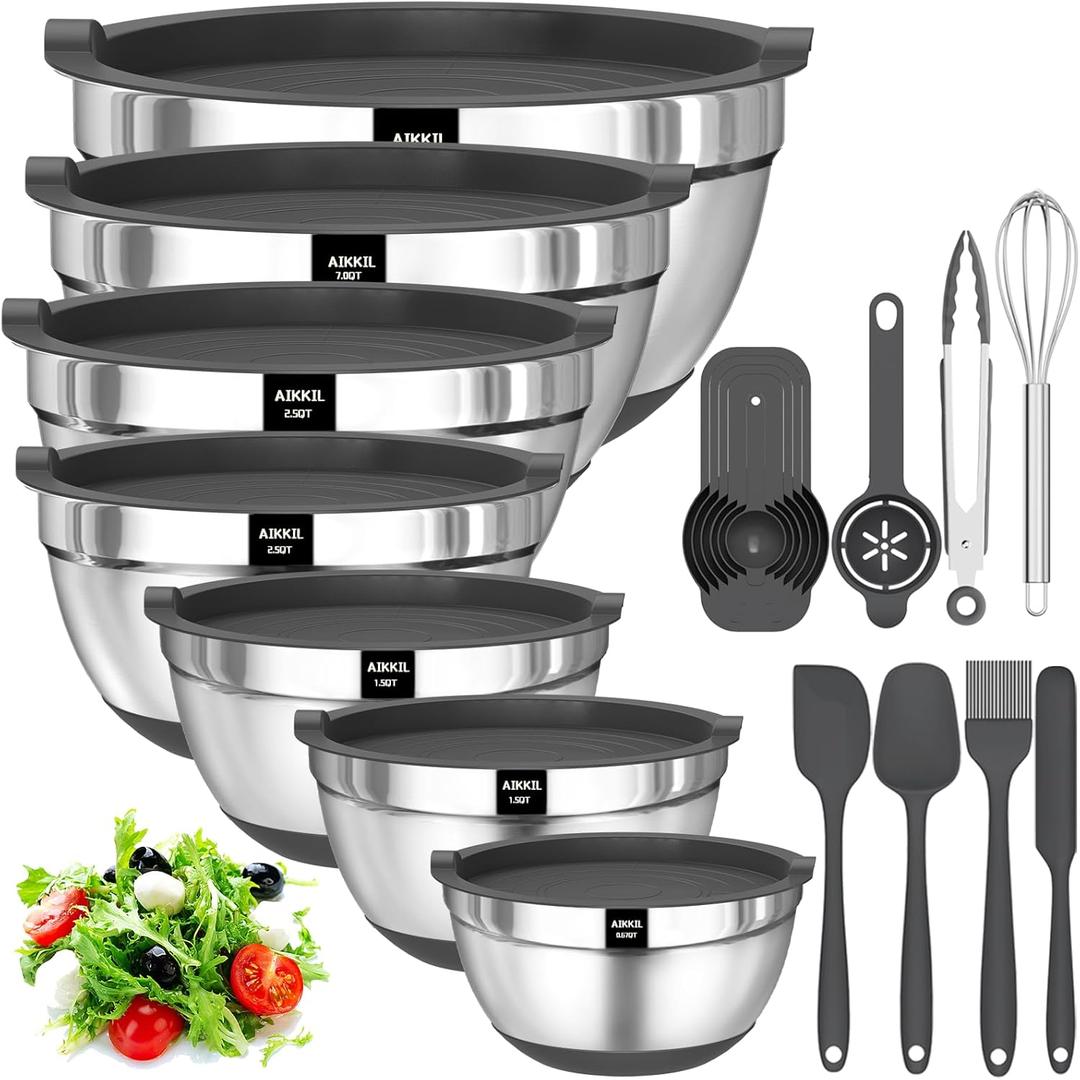 Mixing Bowls with Airtight Lids, 20 piece Stainless Steel Metal Nesting Bowls, Non-Slip Silicone Bottom, Size 7, 3.5, 2.5, 2.0,1.5, 1,0.67QT Great for Mixing, Baking, Serving (Grey) (Gray)