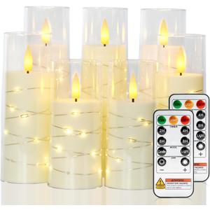 Raycare Flameless Candle with Remote Timer, 7 Flickering Acrylic Battery Operated LED Pillar Candles with Embedded Star String for Valentine's Day, Home Decor, and as a Gift (Ivory)
