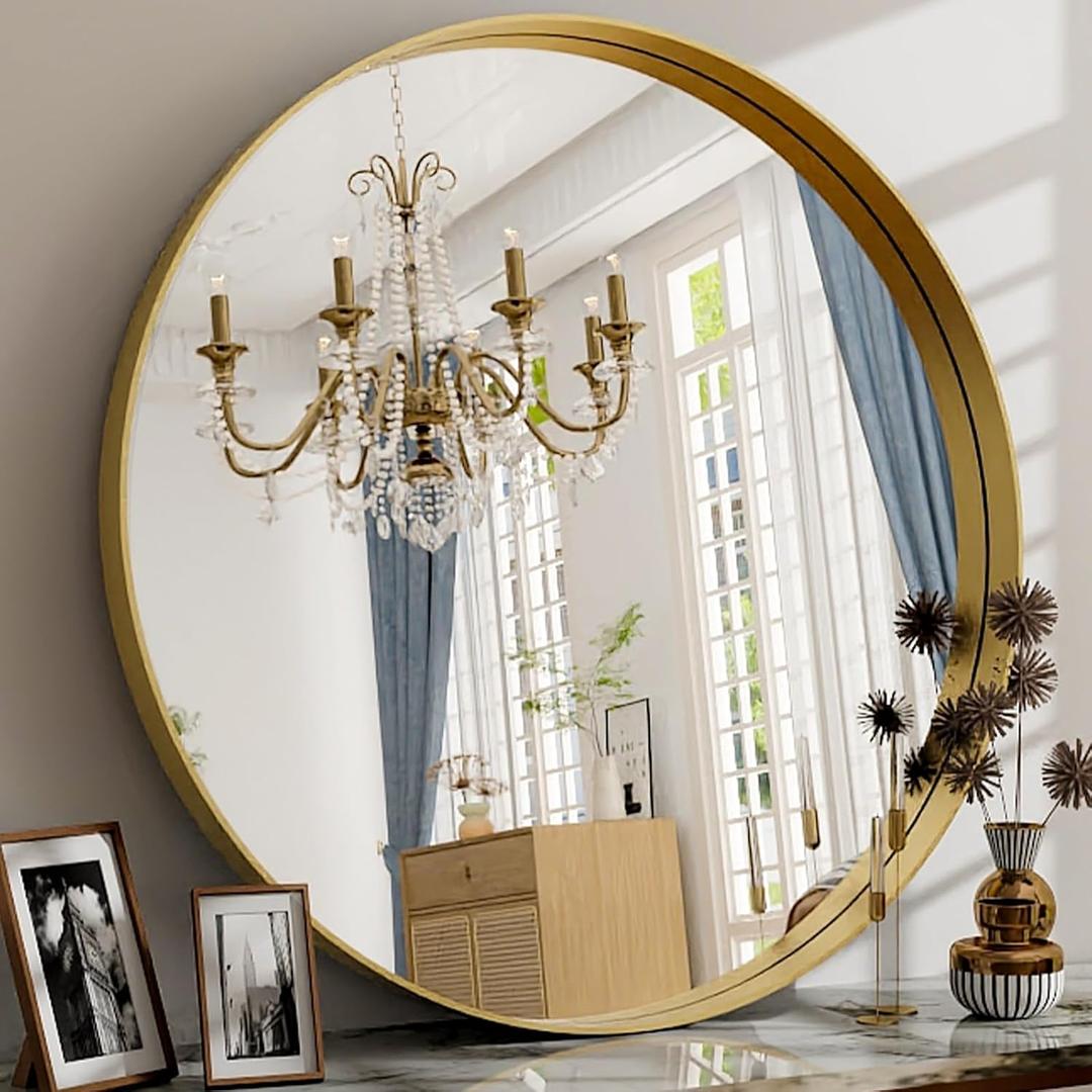 24 Inch Round Bathroom Mirror - Wall Mounted Circle Mirror with Metal Frame, Modern Mirror Suitable for Bathroom, Vanity, Entryway, Living Room, Wall Decor,Gold (24"L x 24"W)