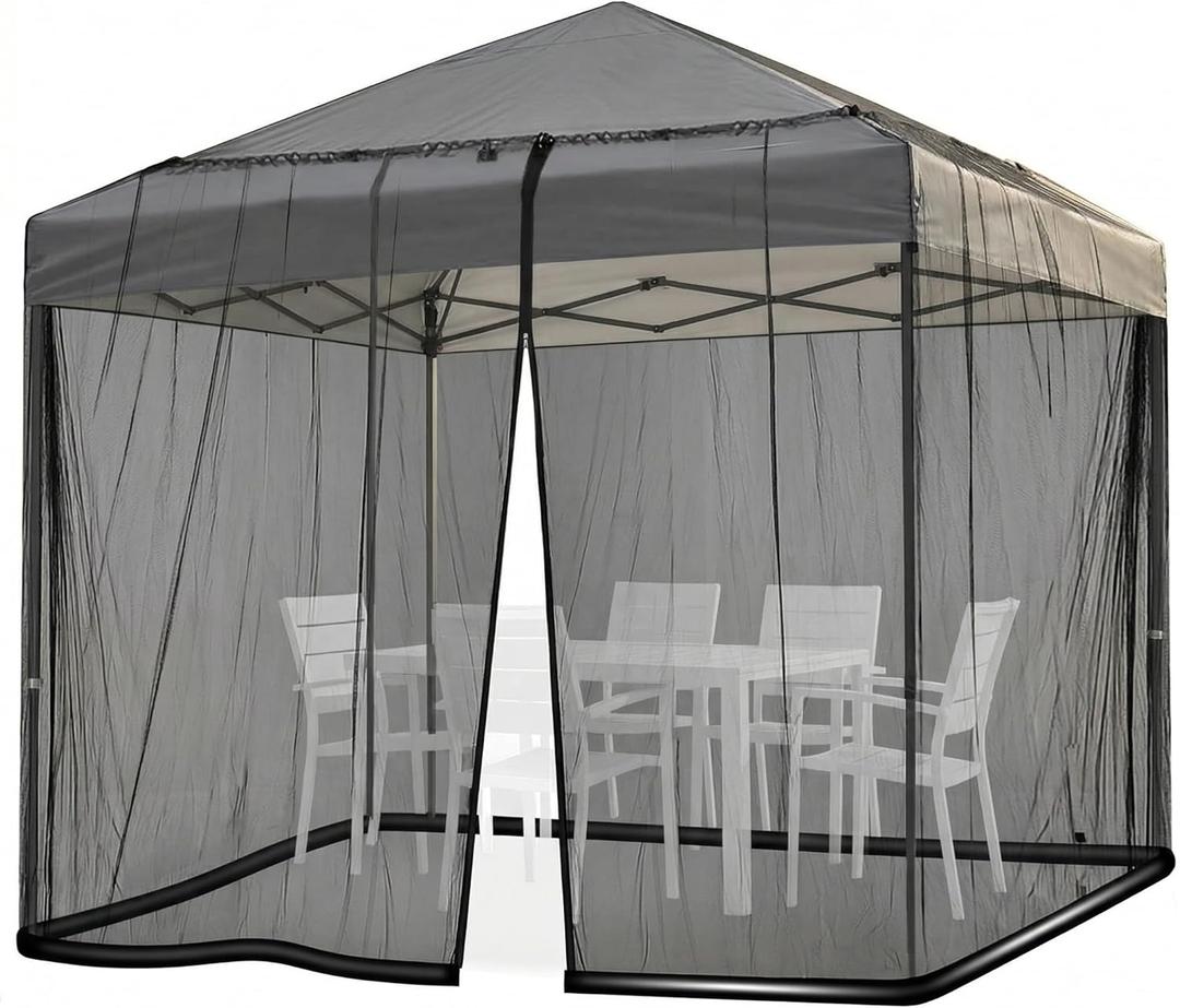 Mosquito Netting for Patio Umbrella 10x10 Ft Canopy Screen, Weather-Resistant 75D Polyester Mesh with TPU Water Pipe Base, Double Zipper Door for Backyard Dining, Black