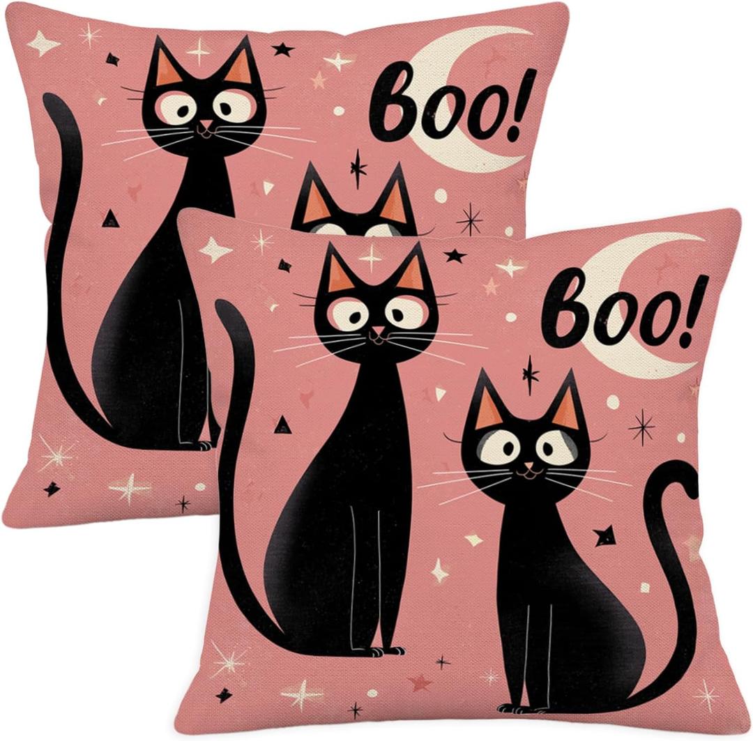 Halloween Black Cat Throw Pillow Covers 2 Pack, 18x18 Inch Double Sided Printed Linen Cushion Covers for Sofa Couch, Spooky Moon Stars Design Decorative Pillowcases for Fall Holiday Home Decor
