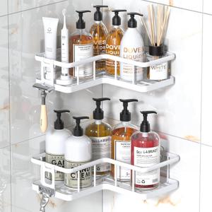YASONIC Shower Caddy Corner, 2-Pack Adhesive Rustproof Stainless Steel Shower Shelves with Soap Holder, No Drilling Shower Organizer Corner for Dorm, Renters Bathroom White