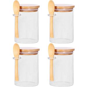 CZFWin 4 Pack Glass Containers with Lids and Spoons, Overnight Oat Container with Lids Glass, Oatmeal Jar with Spoons, Meal Prep Jars for Yogurt, Chia Pudding (Round 4PCS)