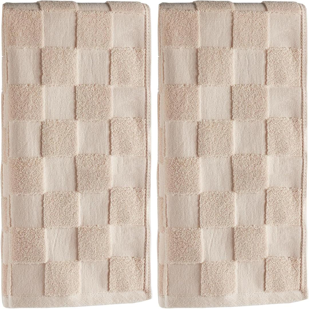 2 Pack 3D Checkered Bathroom Hand Towels 100% Cotton Soft Absorbent Decorative Soft Decorative Towel for Bathroom Home Cleaning Kitchen Gift 13.7x29.5 Inch (Beige)