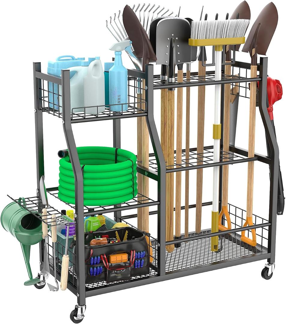 WALMANN Garden Tool Organizer with Wheels for Garage, Large Storage Capacity, Rakes/Shovels/Yard Tools Storage Stand for Shed, Garden, Indoor/Outdoor Long-Handled Tools Rolling Cart, 36.25 inch L