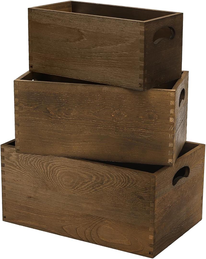 Hedume Set of 3 Nesting Wooden Crates, Wood Crate Box with Handle, Rustic Brown Decorative Wood Storage Crates Container, Stackable Cube Basket Bins Organizer for Home, Office, Closet, Shelf