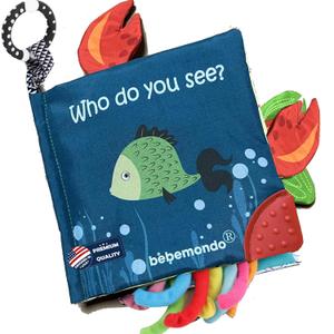 Fish Baby Book 0-6 Months,Touch Feel Cloth Crinkle Books for Babies,Infant Baby Toys 6-12 Months,Learning Education Soft Sensory Mirror Toy,Shower Gifts Easter for Boys Girls-Teether (Sea Animal with teether)