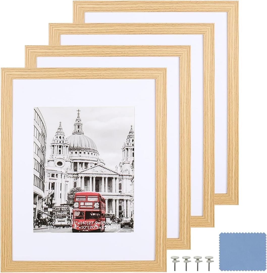 11x14 Picture Frame Set of 4, Display Pictures 8x10 with Mat or 11x14 Without mat,Wall Natural Wood Picture Frames 11x14(Natural Wood)