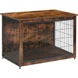 DWANTON Dog Crate Furniture with Cushion, Wooden Kennel Table with Double Doors, Indoor Dog House, Medium Size, 32.5" L, Rustic Brown