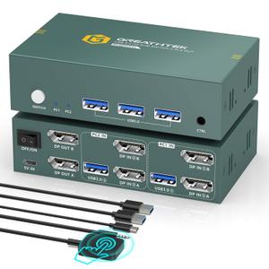 8K@60HZ Displayport KVM Switch 2 Monitors 2 Computers USB3.0 DP 8K@60HZ Dual Monitor KVM Switcher for PC/Laptop Share Keyboard Mouse,Support DP1.4,EDID Adapatively