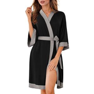 Ekouaer Robes for Women Knee Length Bathrobe Lightweight Kimono Robe 3/4 Sleeve Knit Sleepwear with Pockets (XX-Large, Black)