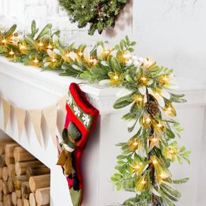 6.5FT Christmas Garland with Lights & Timer, 30 LED Pre-lit Lighted Greenery Olive Garland for Mantle, Battery Operated White Berry Garland with Snow Pinecone for Table Fireplace Door Stairs