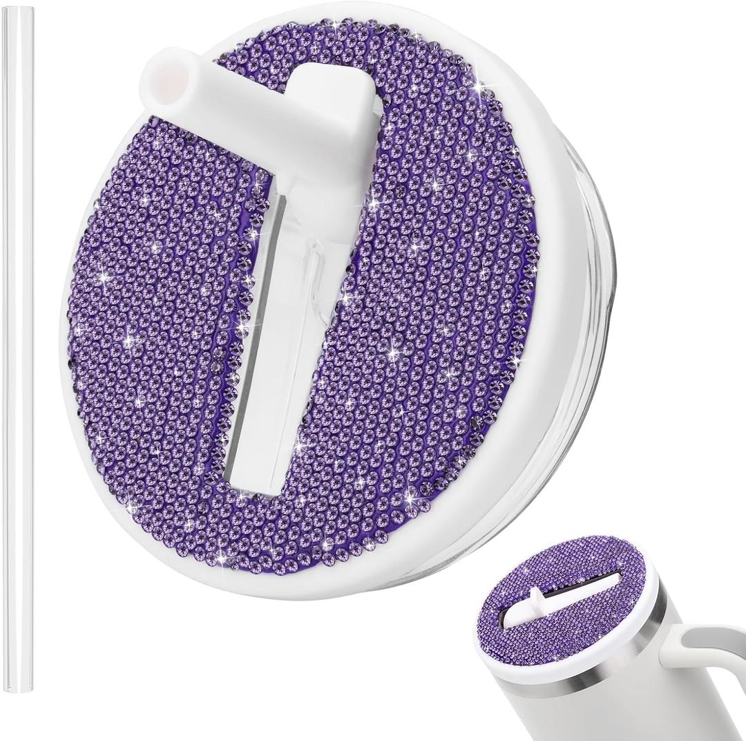 5 x Soleebee 40oz Tumbler Flip Straw Leak Proof Lid for Stanley H2.0 Quencher, Bling No Spill Lid Replacement for 40 oz Stanley Cup, Reusable Tumbler Straw Cover Accessories (White, Purple Rhinestone)