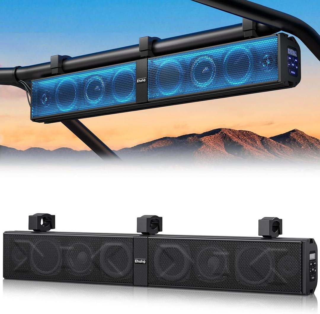 Ehaho 34" UTV Sound Bar with Subwoofer, 8-Speaker SXS SoundBar with Bluetooth and RGB Lighting, IP66 Waterproof ATV & Golf Cart Speakers, Compatible with Polaris RZR Can-Am, Fits 1"2" Roll Cages